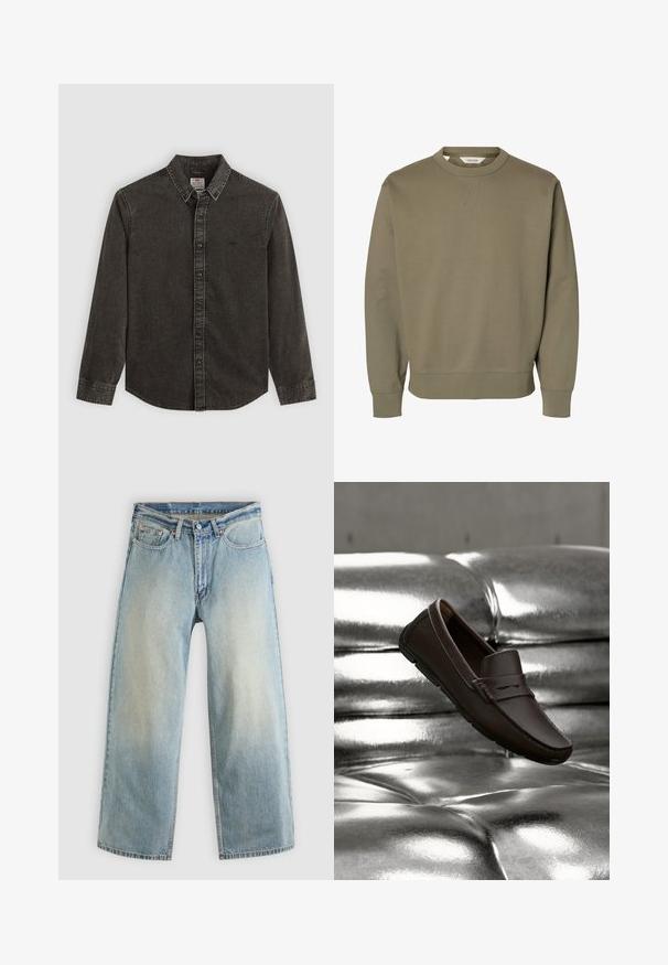 Sweat-shirt uni vert olive à col rond avec manches longues et poignets et ourlet côtelés.; Chemise en denim gris foncé avec manches longues, col boutonné et fermeture à l'avant par boutons. Possède des coutures décoratives et un petit logo sur la poitrine.; Jean denim bleu clair à jambes larges avec une finition délavée. Comprend un design standard à cinq poches et une fermeture à bouton métallique.; Mocassin en cuir marron foncé reposant sur un coussin argenté brillant à capitons.