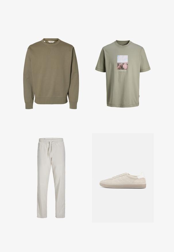 Sweat-shirt uni vert olive à col rond avec manches longues et poignets et ourlet côtelés.; T-shirt vert olive clair à manches courtes avec une impression rectangulaire de rochers roses et ciel centrée sur la poitrine, avec un petit texte blanc sous l'impression.; Pantalon en lin beige clair avec taille élastique et cordon à l’avant, coupe droite, sans poches visibles.; Baskets en daim beige avec une tige texturée, un contrefort de talon blanc lisse, de fines lacets et une semelle extérieure en caoutchouc. Présente un design bas profil.