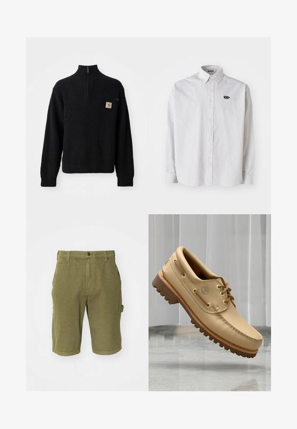 Suéter negro de punto acanalado con cuello alto, media cremallera y un pequeño bolsillo en el pecho con un logotipo. Mangas largas y tejido texturizado.; Camisa blanca de manga larga con finas rayas verticales grises. Cuenta con un cuello abotonado y un pequeño logo negro en el lado izquierdo del pecho.; Bermudas de algodón verde oliva con cierre de botón, trabillas para cinturón, bolsillos laterales y un acabado de tela ligeramente texturizado.; Zapato náutico de cuero marrón claro con suela gruesa y estriada y detalles de cordones, flotando sobre un suelo de mármol y un fondo de persianas verticales blancas.