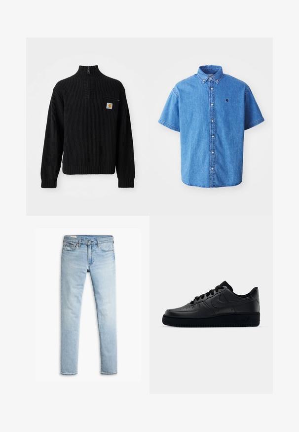 Pull en maille côtelée noir avec un col haut, une demi-fermeture éclaire et une petite poche poitrine avec un logo. Manches longues et tissu texturé.; Chemise en denim à manches courtes de couleur bleu clair avec un col boutonné, comportant un logo sur la poitrine et des détails de couture visibles.; Jeans en denim slim-fit bleu clair avec fermeture à bouton et fermeture éclair, poches avant et passants de ceinture sur fond blanc.; Baskets Nike Air Force 1 noires avec un dessus en cuir lisse, bout perforé pour la respirabilité, lacets noirs et semelle en caoutchouc texturé.