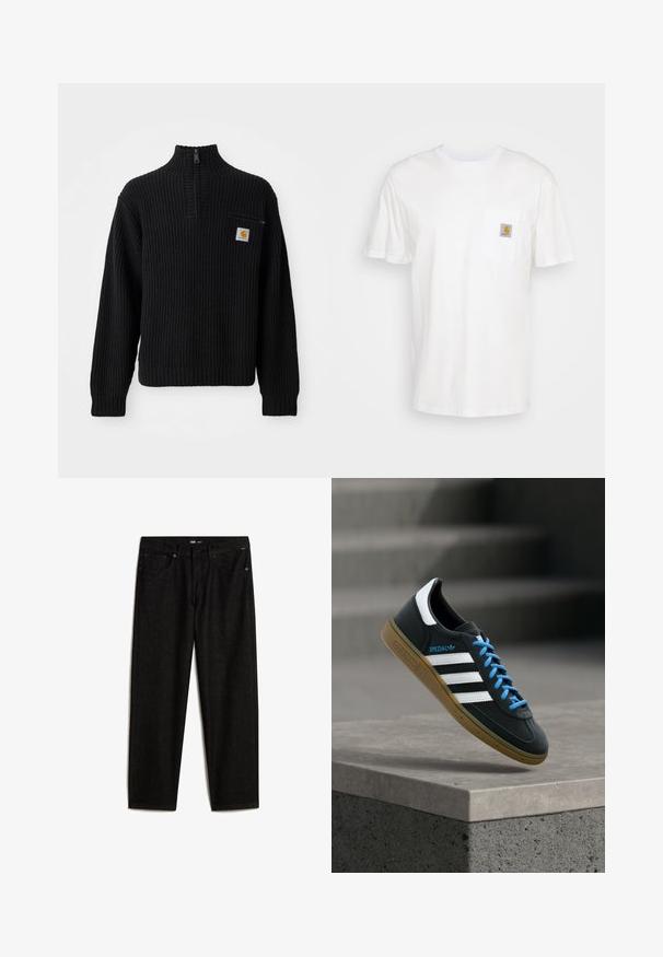 Pull en maille côtelée noir avec un col haut, une demi-fermeture éclaire et une petite poche poitrine avec un logo. Manches longues et tissu texturé.; T-shirt en coton blanc à manches courtes, avec une poche poitrine et un petit patch logo carré en orange et blanc sur la poche.; Vans Jean boyfriend - black; Baskets Adidas noires avec des rayures blanches, des lacets bleus et une semelle en gomme flottant au-dessus d'une marche en béton grise sous une lumière douce.