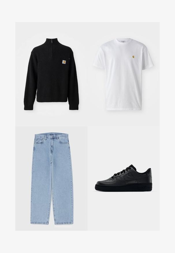 Zwarte geribbelde gebreide trui met een hoge hals, halve rits en een kleine borstzak met een logo. Lange mouwen en textuurstof.; Witte katoenen t-shirt met korte mouwen en ronde hals, voorzien van een klein gouden logo op de linkerkant van de borst. Zachte textuur en een normale pasvorm.; Lichtblauwe denim jeans met een recht model, voorzien van een middelhoge taille, vijf zakken en een knoop- en ritssluiting.; Zwarte Nike Air Force 1 sneaker met een gladde leren bovenkant, geperforeerde neus voor ademend vermogen, zwarte veters en een getextureerde rubberen zool.