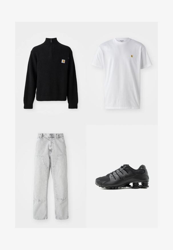 Sort ribbet strikket sweater med høj hals, halv lynlås og en lille brystlomme med et logo. Langærmer og struktureret stof.; Hvid bomulds t-shirt med korte ærmer, rund hals og et lille guld logo på venstre brystområde. Blød tekstur og almindelig pasform.; Lys grå denim bukser med en løs pasform, der har store sidelommer, synlige sømme og et lige ben design. Bæltestropper i taljen.; Sort atletiksko med tekstureret overdel, snørelukninger og karakteristisk fjederlignende sålstøtte synlig på hvid baggrund.