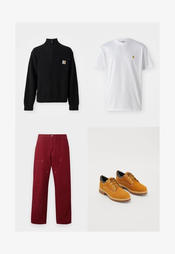 Suéter negro de punto acanalado con cuello alto, media cremallera y un pequeño bolsillo en el pecho con un logotipo. Mangas largas y tejido texturizado.; Camiseta de algodón blanca con mangas cortas, cuello redondo, que presenta un pequeño logo dorado en la parte izquierda del pecho. Textura suave y corte regular.; Pantalones de algodón burdeos con corte recto, que cuentan con dos bolsillos frontales, herrajes plateados y acentos en las rodillas. Textura suave, de peso medio.; Zapatos de ante marrón con punta redonda, cordones amarillos, un collar acolchado negro y suelas de goma con surcos de tracción.