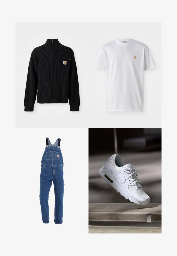 Zwarte geribbelde gebreide trui met een hoge hals, halve rits en een kleine borstzak met een logo. Lange mouwen en textuurstof.; Witte katoenen t-shirt met korte mouwen en ronde hals, voorzien van een klein gouden logo op de linkerkant van de borst. Zachte textuur en een normale pasvorm.; Denim tuinbroeken in een middelblauwe tint, met verstelbare zwarte banden, meerdere zakken en metalen hardware accenten.; Witte Nike Air Max 90 sneaker met een bovenwerk van mesh en leer, een geperforeerde teenbox en een zichtbare luchtunit in de hiel.