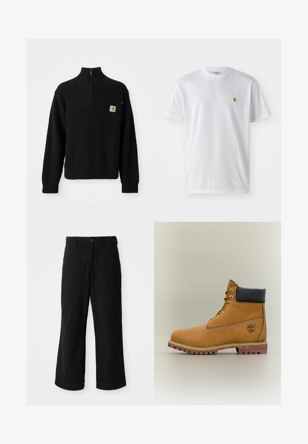 Pull en maille côtelée noir avec un col haut, une demi-fermeture éclaire et une petite poche poitrine avec un logo. Manches longues et tissu texturé.; T-shirt en coton blanc à manches courtes, col rond, avec un petit logo doré sur la poitrine gauche. Texture douce et coupe régulière.; Pantalons noirs à large jambe en tissu doux, dotés de poches avant et d'une fermeture à bouton à la taille. Design minimaliste sans motifs visibles.; Bottine en cuir marron avec col noir, lacets jaunes et semelle beige. Présente un logo et des détails de couture blanche. Semelle extérieure à traction robuste.
