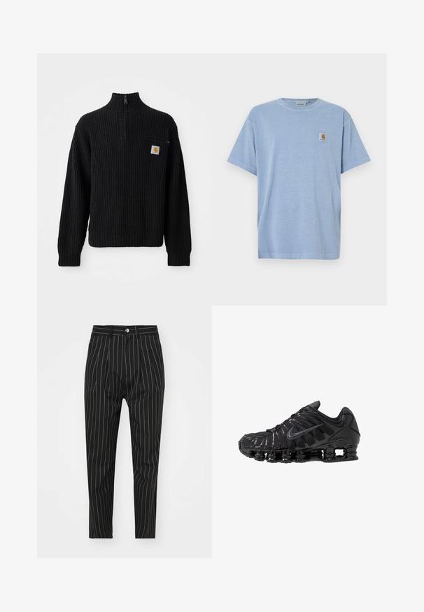 Sort ribbet strikket sweater med høj hals, halv lynlås og en lille brystlomme med et logo. Langærmer og struktureret stof.; Lyseblå bomulds t-shirt med korte ærmer, rund hals og et lille firkantet logomærke med et stiliseret bogstav "C" på brystet.; Sorte pinstribede bukser med en skræddersyet pasform, der har lukning med frontknap, bæltestropper og en glat stofstruktur.; Sorte atletikskoser lavet af mesh og syntetiske materialer, med et karakteristisk bølget design, sort gummisål og reflekterende detaljer.