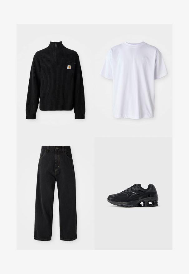 Sort ribbet strikket sweater med høj hals, halv lynlås og en lille brystlomme med et logo. Langærmer og struktureret stof.; Hvid bomulds T-shirt med rund hals og korte ærmer. Har et diskret logo broderet i matchende farve på venstre bryst.; Sorte denim jeans med vide ben og høj talje, frontknap, lynlås samt gule syninger på lommer og sømme.; Sort atletiksko med mesh-overdel, polstret krave og markant støddæmpningsteknologi ved hælen. Har teksturerede detaljer og snørebånd.