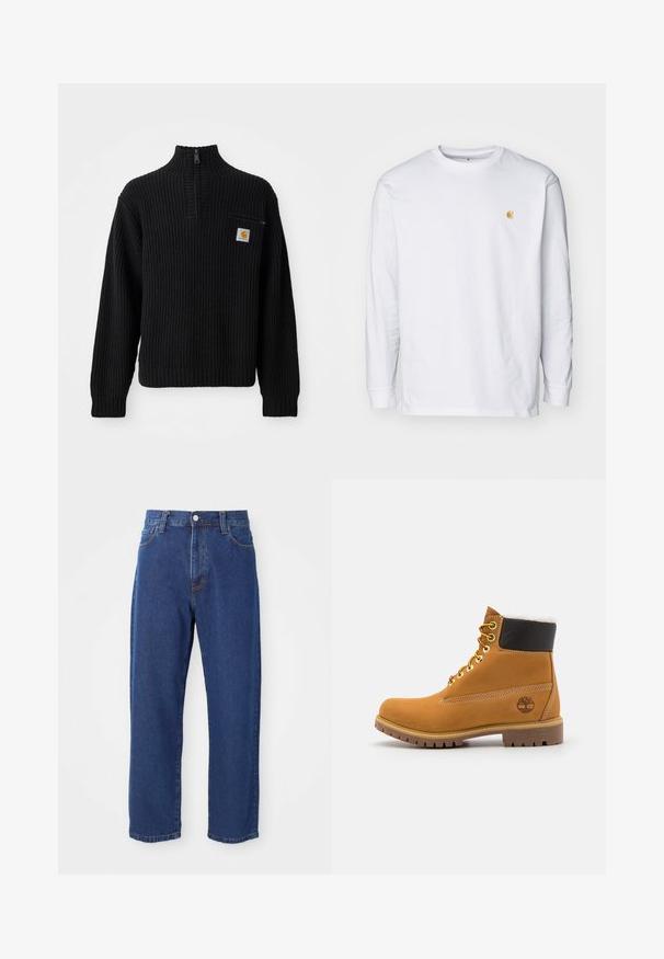 Suéter negro de punto acanalado con cuello alto, media cremallera y un pequeño bolsillo en el pecho con un logotipo. Mangas largas y tejido texturizado.; Camiseta de manga larga blanca de algodón. Cuenta con un pequeño logo dorado en el pecho y un cuello redondo. Diseño simple y corte estándar.; Vaqueros de tiro alto de algodón, con una silueta de pierna recta, costuras visibles y un cierre de botón en la parte delantera.; Botín de cuero marrón con ojales de metal, forro de piel sintética blanca, cuello acolchado negro, suela resistente y logotipo en relieve en el costado.