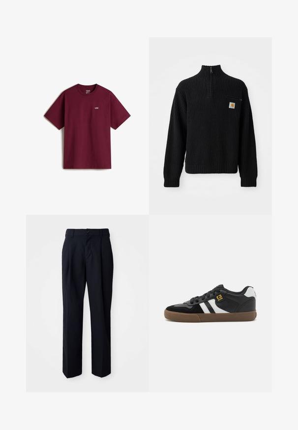 Suéter negro de punto acanalado con cuello alto, media cremallera y un pequeño bolsillo en el pecho con un logotipo. Mangas largas y tejido texturizado.; Camiseta de algodón marrón con mangas cortas, escote redondo y pequeño logo blanco de Vans en el pecho izquierdo. Textura suave, corte holgado.; Pantalones negros de corte recto, fabricados en tejido suave. Presentan un botón en la cintura, trabillas para cinturón y detalles de pliegues en la parte delantera para estructurar.; Zapatillas en blanco y negro con parte superior de ante y cuero, que presentan franjas blancas, cordones negros y una suela de goma marrón. Acentos de logo dorados.