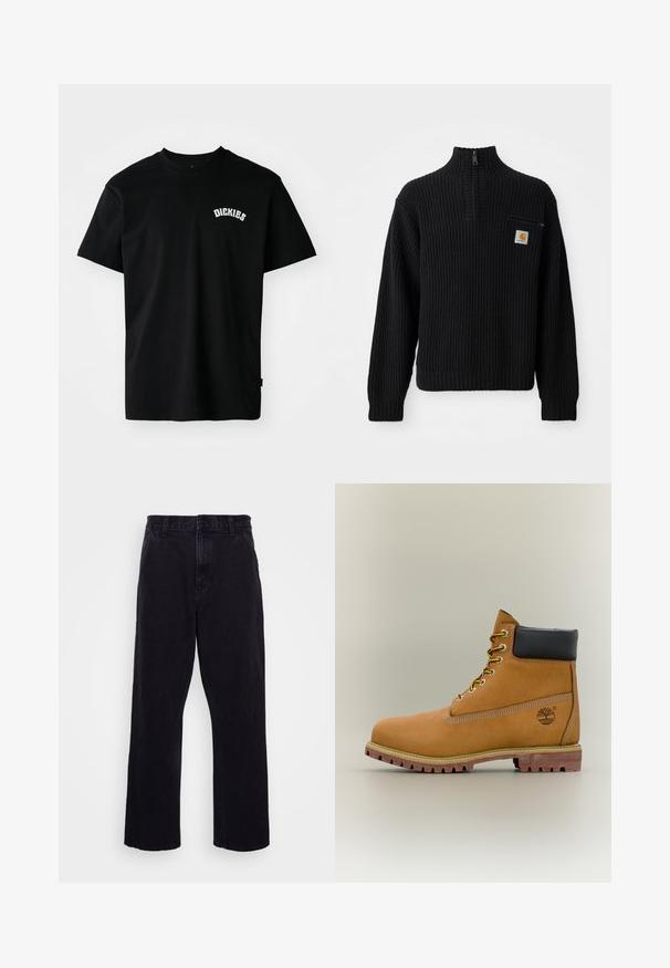Zwarte geribbelde gebreide trui met een hoge hals, halve rits en een kleine borstzak met een logo. Lange mouwen en textuurstof.; Zwarte katoenen T-shirt met korte mouwen en een ronde hals. Heeft een witte gebogen logo "DICKIES" op de borst. Eenvoudig ontwerp, geen patronen.; Zwarte denim broek met een rechte pijpdesign, voorzien van een knoop- en ritssluiting, riemlussen en minimale stikdetails.; Bruine leren enkellaars met zwarte kraag, gele veters en een zandkleurige zool. Voorzien van een logo en witte stikseldetails. Robuuste loopzool met grip.