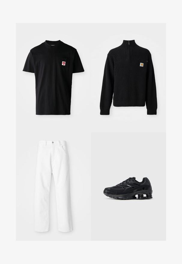 Schwarzer gerippter Strickpullover mit hohem Kragen, halbem Reißverschluss und einer kleinen Brusttasche mit Logo. Lange Ärmel und strukturierter Stoff.; Schwarzes Baumwoll-T-Shirt mit rundem Halsausschnitt, kurzen Ärmeln und einer linken Brusttasche, die mit einem roten Herz-Patch und weißem Text versehen ist.; Weiße Denim-Hosen mit geradem Bein, ausgestattet mit einem Frontknopf und einem Reißverschluss, fünf Taschen und einem sauberen, strukturierten Finish.; Schwarzer Sportschuh mit Obermaterial aus Mesh, gepolstertem Kragen und hervorgehobener Dämpfungstechnologie an der Ferse. Verfügt über strukturierte Akzente und Schnürsenkel.