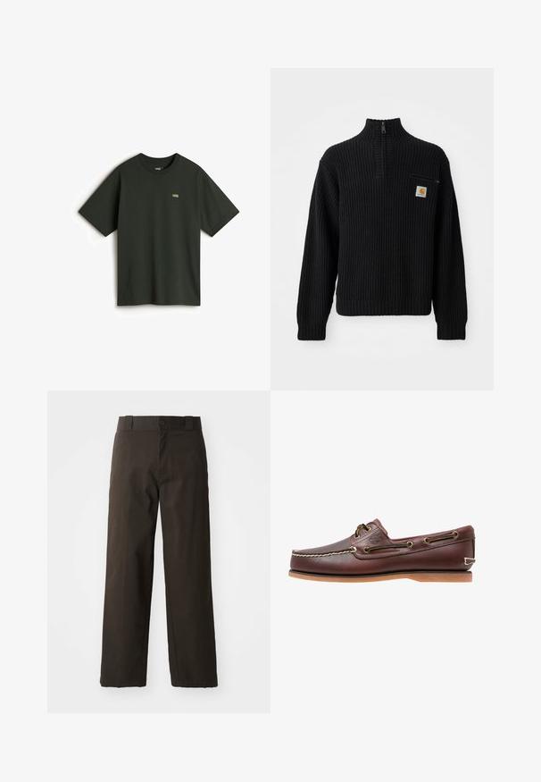 Suéter negro de punto acanalado con cuello alto, media cremallera y un pequeño bolsillo en el pecho con un logotipo. Mangas largas y tejido texturizado.; Vans Camiseta básica - dark green; Pantalones de algodón negros con un diseño de pierna recta, que cuentan con un cierre de botón y una cinturilla clásica. Textura suave, sin patrones ni acentos.; Zapato náutico de cuero marrón con costuras blancas, detalles de cordones y suela de goma color coñac, mostrado de lado sobre un fondo blanco.