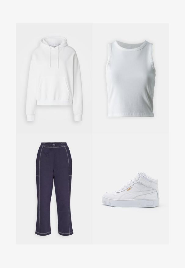 Weißer Kapuzenpullover mit frontaler Tasche, gerippten Bündchen und Saum. Weicher Stoff und lockere Passform, mit Zugbändern an der Kapuze.; Weißes, geripptes Tanktop mit runder Ausschnittform und ärmellosem Design, ausgestattet mit einem geraden Saum und einer glatten, dehnbaren Textur.; Marineblaue Hose mit lockerer Passform, elastischem Bund und kontrastierender weißer Naht entlang der Nähte. Ausgestellte Beinöffnung mit seitlichen Taschen.; Weiße High-Top-Sneaker aus glattem Lederobermaterial, mit flachen Schnürsenkeln, gepolstertem Schaft und strukturiertem Gummisohle mit Logo-Akzenten.