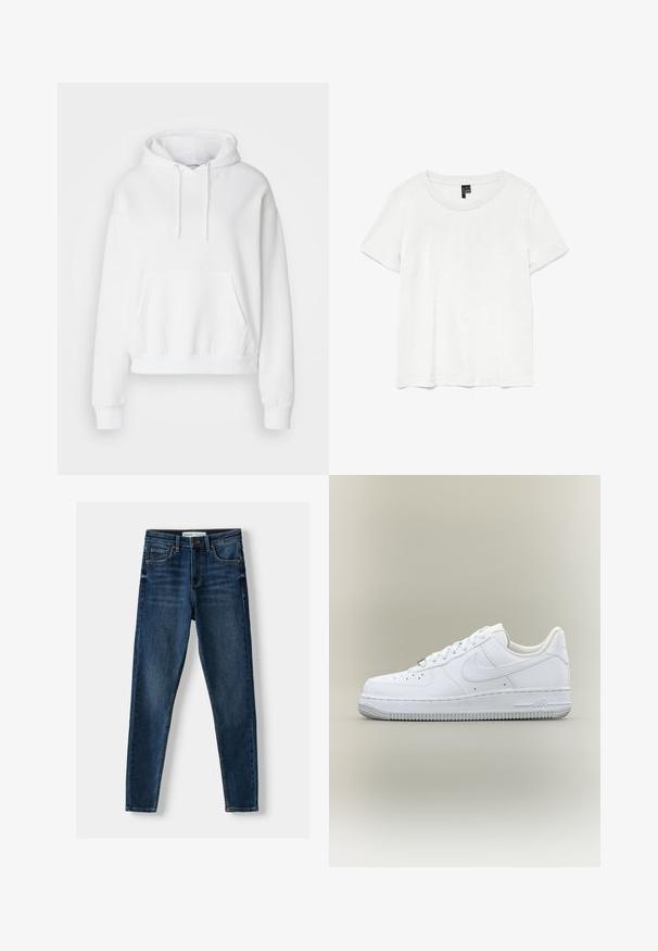 Hvid hættetrøje med lomme foran, ribbede manchetter og kant. Blødt stof og afslappet pasform, med snore i hætten.; Hvid kortærmet t-shirt med rund halsudskæring, lavet af letvægtsstof. Enkel design, glat tekstur og lige kant.; Mørkeblå denim skinny jeans med et klassisk femlomme-design, forstærket syning og knaplukning. Glat tekstur, ingen mønstre.; Hvid Nike Air Force 1 sneaker med lavt skaft, snørebånd, perforeret tå og tekstureret gummisål på neutral baggrund.