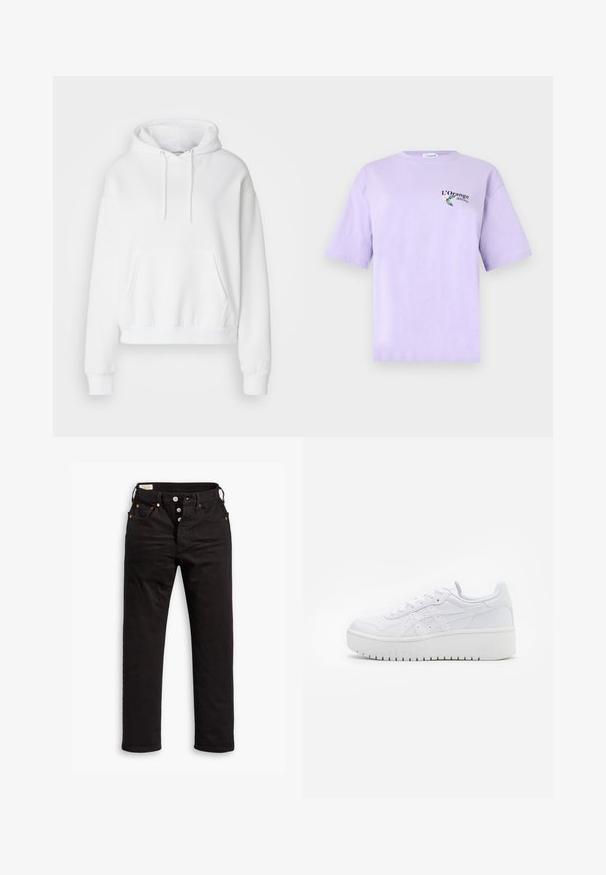 Weißer Kapuzenpullover mit frontaler Tasche, gerippten Bündchen und Saum. Weicher Stoff und lockere Passform, mit Zugbändern an der Kapuze.; Fliederfarbenes kurzärmeliges T-Shirt mit kleinem Text „L’Orange délicieux“ und einer Blume mit zwei grünen Blättern auf der oberen linken Brust.; Schwarze Straight-Leg-Jeans mit Knopfverschluss, Vorder- und Gesäßtaschen sowie Kupfennieten auf einem weißen Hintergrund.; Weiße Plattform-Sneaker aus glattem Leder mit perforierten Details und flachen Schnürsenkeln; ausgestattet mit einer dicken weißen Gummisohle.
