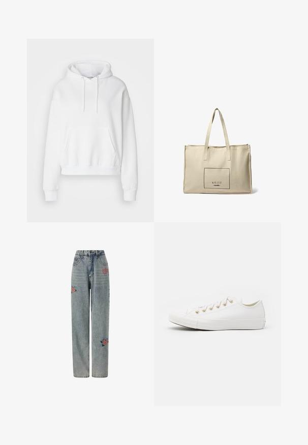 Weißer Kapuzenpullover mit frontaler Tasche, gerippten Bündchen und Saum. Weicher Stoff und lockere Passform, mit Zugbändern an der Kapuze.; Helle blaue Denim-Jeans mit lockerer Passform, die umstickte rote Rosen auf der Vorderseite aufweisen und eine leicht ausgeblasene Struktur haben. Mit Knopf- und Reißverschluss.; Converse CHUCK TAYLOR ALL STAR - Sneaker low - vintage white/light gold; Beige Canvas-Tote mit zwei dünnen Griffen, die ein rechteckiges schwarzes Grafikdesign mit dem Text "still nordic" innerhalb des Rahmens zeigt.