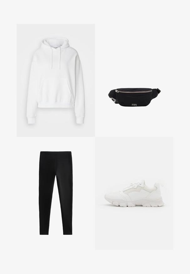 Witte hoodie met een voorzak, ribgebreide boorden en zoom. Zacht materiaal en een ontspannen pasvorm, met trekkoorden aan de capuchon.; Zwarte legging gemaakt van rekbare stof, met een strak design zonder zichtbare naden of zakken, geschikt voor verschillende activiteiten.; NA-KD Sneakers laag - white; Zwarte stoffen heuptas met zilveren rits en verstelbare band, voorzien van klein wit "Bimba y Lola"-logo aan de voorkant.