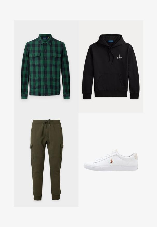 Schwarzer Hoodie mit Fronttasche und Kordelzugkapuze mit weißem Polo Ralph Lauren-Logo auf der Brust.; Grün-schwarz kariertes Hemd, aus Stoff mit Knopfleiste, zwei Brusttaschen und langen Ärmeln mit geknöpften Manschetten.; Dunkelgrüne Cargo-Jogginghosen mit Kordelzugbund, seitlichen Klappentaschen, gerippten Bündchen an den Knöcheln und Nahtdetails an den Knien auf einfarbigem Hintergrund.; Weiße Leinensneaker im Low-Top-Design mit einem beigen Ferseneinsatz und einem kleinen gestickten Logo an der Seite. Gummisohle.