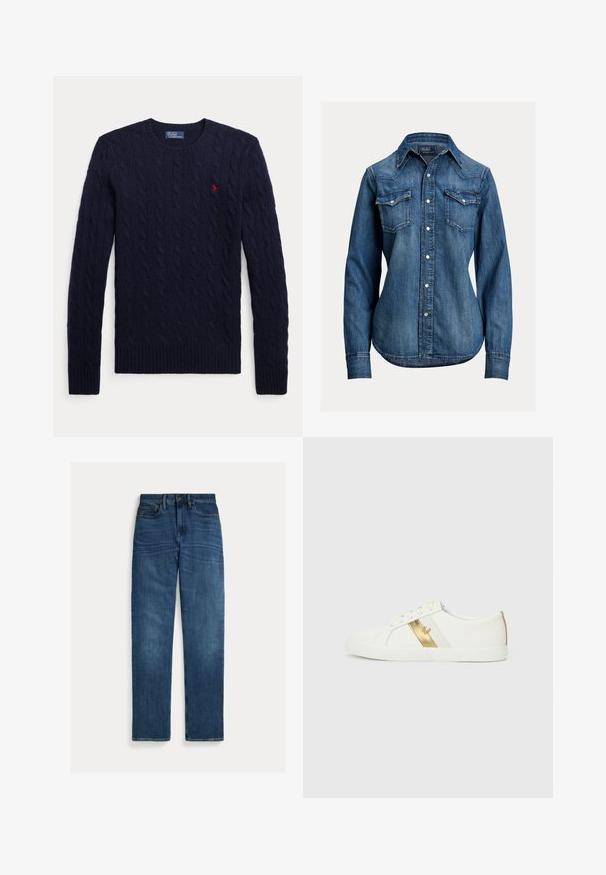 Πουλόβερ σε ναυτικό μπλε με πλέξη κόμπων, μακριά μανίκια, στρογγυλή λαιμόκοψη, ριμπ μανσέτες και τελείωμα, καθώς και μικρό κόκκινο κεντητό λογότυπο στο στήθος.; Μπλε πουκάμισο από τζιν με μακρύ μανίκι, με σατινέ κουμπιά, δύο τσέπες στο στήθος με καπάκι και μυτερό γιακά από Polo Ralph Lauren.; Τζιν μπλε παντελόνι με ίσια γραμμή, πέντε τσέπες, κλείσιμο με κουμπί και ελαφριά ξεθώριασμα σε μηρούς και γόνατα, τοποθετημένο επίπεδα σε λευκό φόντο.; Λευκά αθλητικά παπούτσια με χρυσή μεταλλική λωρίδα, υφασμάτινη σόλα από καουτσούκ και χρυσή λεπτομέρεια στη φτέρνα. Απλός σχεδιασμός με στρογγυλή μύτη και κορδόνια.