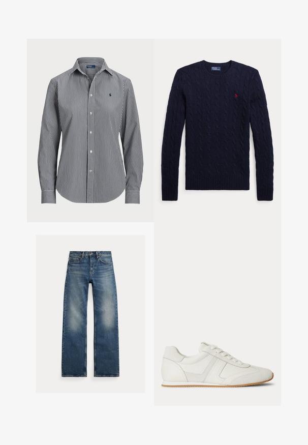 Jersey azul marino de punto trenzado con mangas largas, cuello redondo, puños y bajo acanalados, y un pequeño logo rojo bordado en el pecho.; Camisa de botones a rayas con rayas verticales en azul marino y blanco, mangas largas, cuello puntiagudo y un pequeño logotipo en el pecho.; Vaqueros rectos azules con zonas descoloridas en los muslos, diseño de cinco bolsillos y cierre de botones, colocados planos sobre un fondo blanco.; Zapatilla blanca de corte bajo con cordones en la parte frontal, paneles de ante y cuero, y una suela de goma marrón claro sobre un fondo blanco.