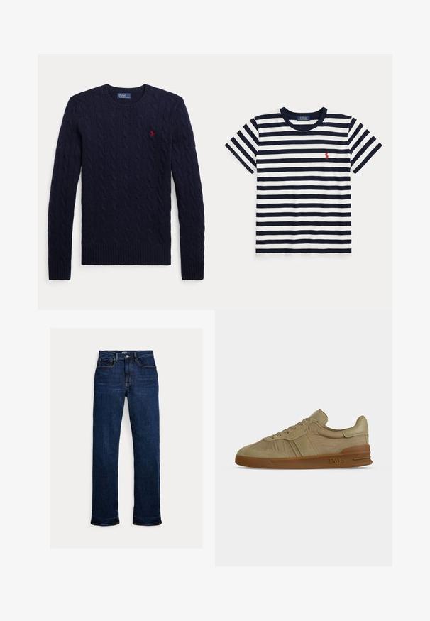 Marineblå kabelstrikket sweater med lange ærmer, rund hals, ribstrikkede manchetter, kant og et lille rødt broderet logo på brystet.; Marineblå og hvide horisontale stribede T-shirt med korte ærmer, rund halsudskæring og en lille rød Polo Ralph Lauren-logo på brystet.; Mørkeblå straight-leg jeans med frontknap og lynlås, fem-lomme design og synlige syninger.; Beige lavskaftet Polo sneaker med snørebånd foran, tekstureret læderoverdel og brun gummisål med Polo-logo på siden.