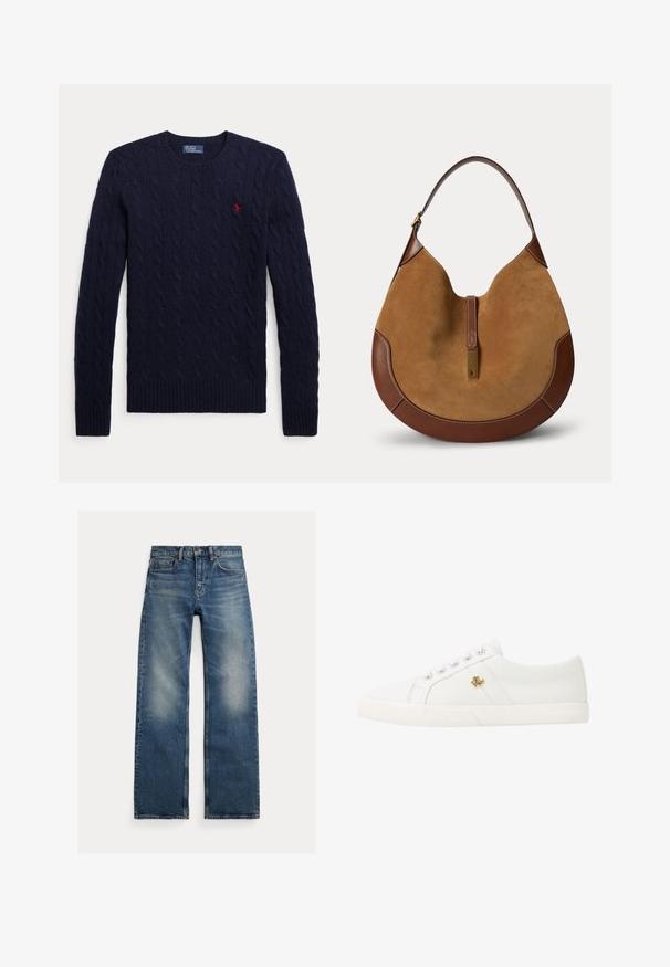 Marineblauer Kabelstrickpullover mit langen Ärmeln, Rundhalsausschnitt, gerippten Bündchen, Saum und einem kleinen roten bestickten Logo auf der Brust.; Blaue Jeans mit geradem Bein, ausgewaschenen Bereichen an den Oberschenkeln, Fünf-Taschen-Design und Knopfverschluss, flach auf weißem Hintergrund.; Lauren Ralph Lauren JANSON II CANVAS SNEAKER - Sneaker low - optic white; Braune Wildleder- und Lederhandtasche in Halbmondform mit einem einzelnen Riemen und einer goldfarbenen rechteckigen Schnalle vorne in der Mitte.