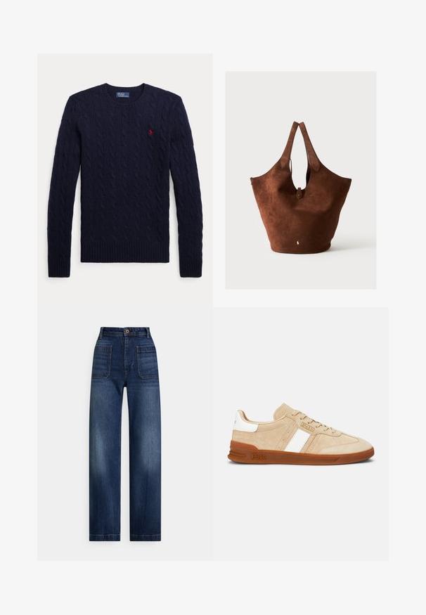Marineblauer Kabelstrickpullover mit langen Ärmeln, Rundhalsausschnitt, gerippten Bündchen, Saum und einem kleinen roten bestickten Logo auf der Brust.; Hoch sitzende, dunkelblaue Jeans mit geradem Bein, vorderen aufgesetzten Taschen, Gürtelschlaufen und Knopfverschluss.; Beige Wildledersneaker mit weißen Streifen, Gummisohle und braunen Akzenten. Der Schuh hat einen strukturierten Körper und ein Logo an der Seite.; Große braune Wildleder-Tasche mit zwei Griffen, einem kleinen Riemen mit Knopfverschluss und einem weißen, gestickten Logo in der Nähe der unteren Mitte.