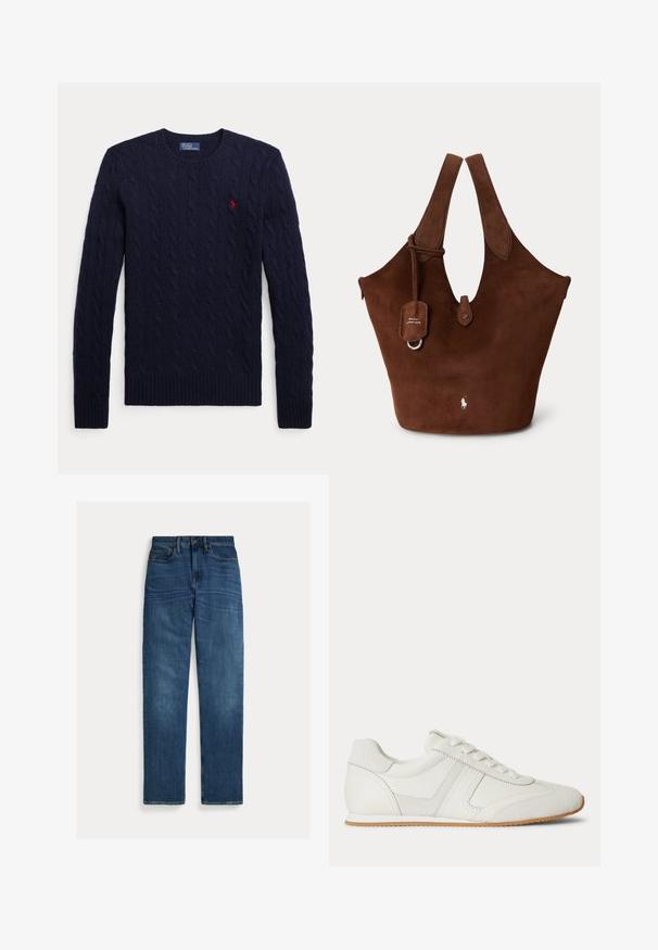 Marineblauwe kabelgebreide trui met lange mouwen, ronde hals, geribde boorden en zoom, en een klein rood geborduurd logo op de borst.; Blauwe denim jeans met rechte pijpen, vijf zakken, knoopsluiting en subtiele vervaging op dijen en knieën, plat op een witte achtergrond gelegd.; Witte lage sneaker met veters aan de voorkant, suède en leren panelen, en een lichtbruine rubberen zool op een witte achtergrond.; Bruine suède totebag met brede handvaten, knoopsluiting aan de voorkant en klein Polo Ralph Lauren-logo nabij het onderste midden.