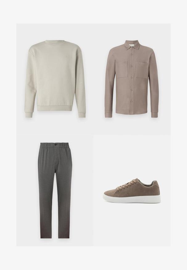 Sudadera gris claro con cuello redondo, mangas largas y textura suave. Presenta un pequeño logo bordado en el pecho.; Camisa de botones color marrón claro con cuello, dos bolsillos en el pecho y mangas largas, hecha de una tela suave y texturizada.; Pantalones grises con un diseño a medida, que cuentan con una cinturilla elástica, cierre de botón y piernas rectas; hechos de una tela suave y texturizada.; Zapatillas de ante marrón con suelas de goma blanca planas, diseño de cordones, punta redondeada y una textura suave. Estilo minimalista con sutiles detalles de costura.