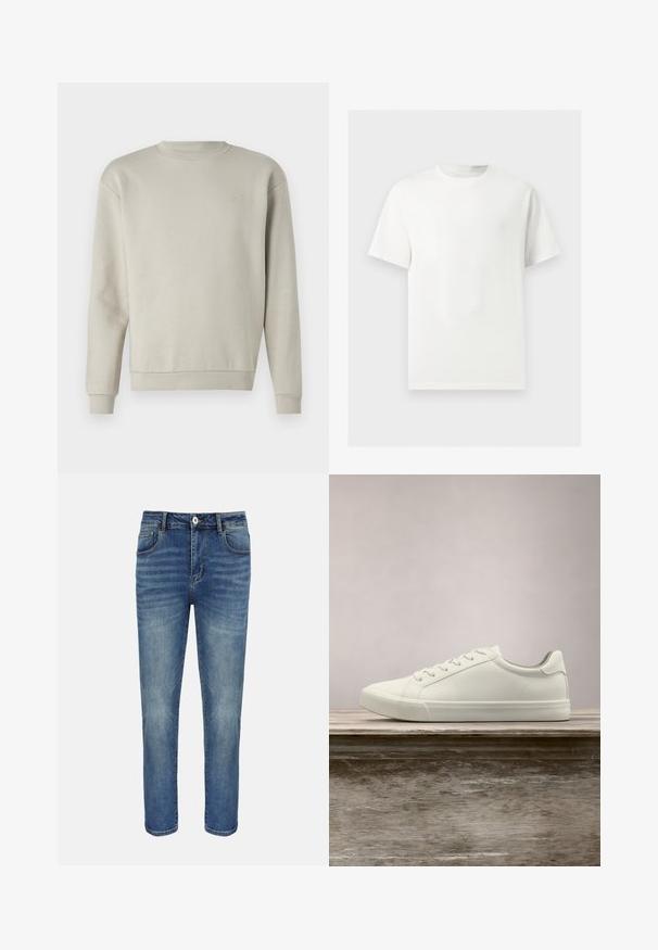 Sudadera gris claro con cuello redondo, mangas largas y textura suave. Presenta un pequeño logo bordado en el pecho.; Camiseta blanca lisa de manga corta y cuello redondo mostrada sobre un fondo gris claro.; Jeans vaqueros azul de corte recto con botón y cremallera delanteros, trabillas para cinturón y bolsillos delante y detrás.; Zapatilla blanca con cordones flotando sobre un banco de madera con follaje verde al fondo, mostrando el diseño y la textura del zapato.