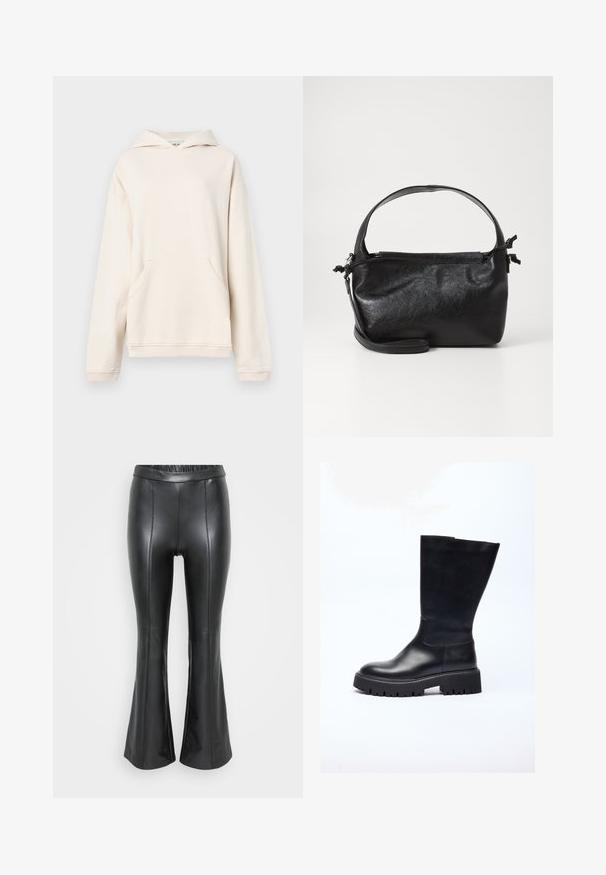 Haut à capuche beige avec poche kangourou, poignets côtelés et coupe décontractée, présenté sur un fond gris clair uni.; Pantalons évasés en simili cuir noir avec une taille élastique, présentant des coutures verticales et une texture lisse. Design simple et épuré.; Botte noire en cuir jusqu'au genou avec une semelle épaisse, conçue avec une texture lisse, un bout arrondi et une silhouette minimaliste.; Sac à main en cuir noir au design structuré, avec une poignée arrondie et une bandoulière amovible. Présente une texture lisse et un éclat subtil.