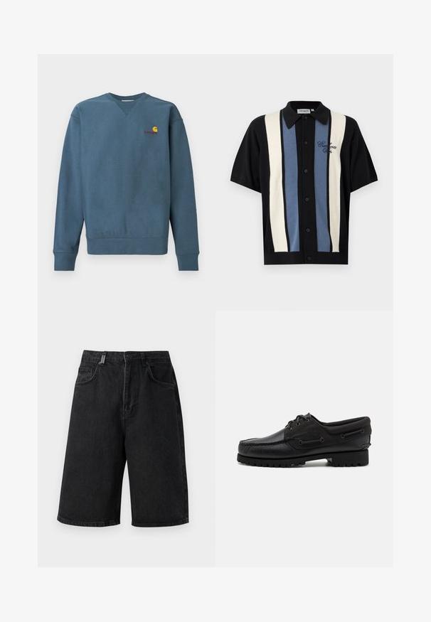 Sweatshirt en coton bleu avec poignets et ourlet côtelés, arborant un petit logo Carhartt orange brodé sur la poitrine. Design simple, col rond.; Chemise noire à manches courtes avec boutons, rayures verticales crème et bleues, et broderie "Carhartt WIP" sur la poitrine gauche.; Shorts en denim noir avec une coupe ample, une taille mi-haute, cinq poches et des passants de ceinture. Le tissu a une texture lisse et des détails de couture subtils.; Chaussure noire avec un dessus en cuir, des accents textiles, des lacets ronds et une semelle en caoutchouc texturé. Présente des coutures mocassins et des détails de marque.