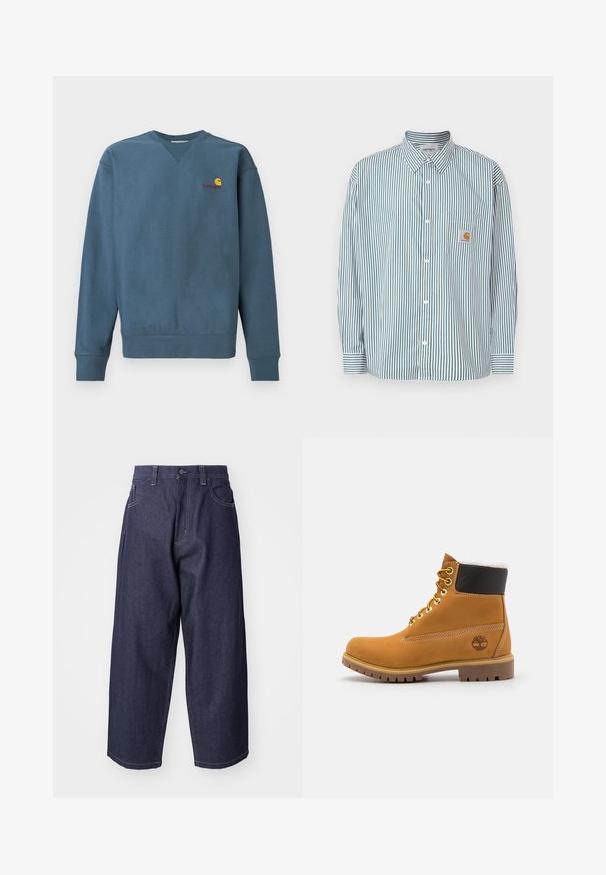 Blå bomuldssweatshirt med ribstrikkede manchetter og kant, med en lille orange Carhartt-logo broderet på brystet. Simpelt design, rund hals.; Stribet skjorte i grøn og hvid med knappet krave, lange ærmer, brystlomme og et lille logomærke.; Mørkeblå denim jeans med en løs, bred ben-design. Funktioner inkluderer en knaplukning, frontlommer og synlige stikninger.; Brune læder ankelstøvle med metaløjer, hvid pelsforing, sort polstret krave, robust sål og præget logo på siden.