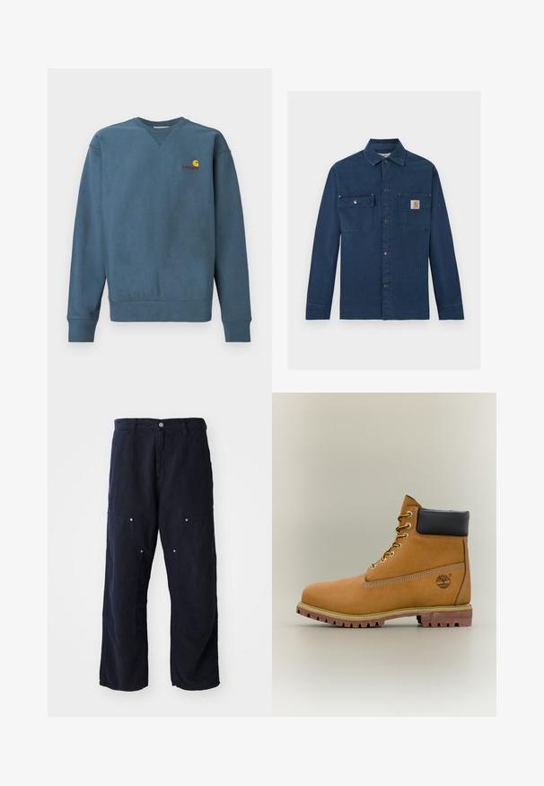 Blå bomuldssweatshirt med ribstrikkede manchetter og kant, med en lille orange Carhartt-logo broderet på brystet. Simpelt design, rund hals.; Marineblå corduroy arbejderskjorte med lange ærmer, trykknapper foran, to brystlommer og et lille Carhartt-logo på den højre lomme.; Marineblå brede bukser lavet af bomuld med en struktureret overflade. Har to frontlommer med knapdetaljer og en frontlukning med knap.; Brun læderankelstøvle med sort krave, gule snørebånd og tanfarvet sål. Har logo og hvide syninger som detalje. Robust ydersål med greb.