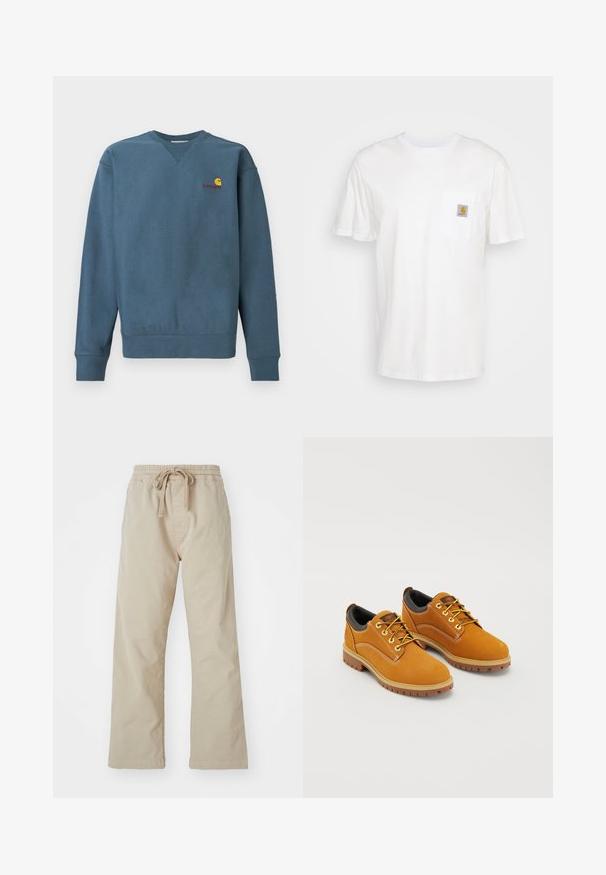 Modrá bavlnená mikina s rebrovanými manžetami a spodným lemom, s malým oranžovým logom Carhartt vyšívaným na hrudi. Jednoduchý dizajn, okrúhly výstrih.; Biele bavlnené tričko s krátkymi rukávmi, vreckom na hrudi a malou štvorcovou nášivkou v oranžovej a bielej farbe na vrecku.; Béžové bavlnené nohavice s elastickým pásom a šnúrkou na stiahnutie. Rovný strih, hladká textúra a žiadne viditeľné vzory ani akcenty.; Hnedé semišové topánky s okrúhlou špičkou, žltými šnúrkami, polstrovaným čiernym golierom a gumovou podrážkou s trakčnými drážkami.