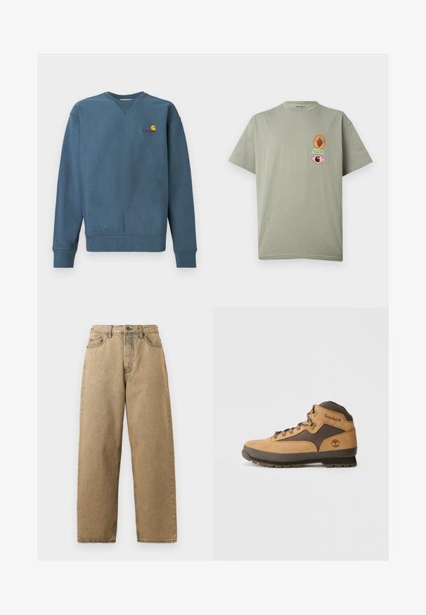 Modrá bavlnená mikina s rebrovanými manžetami a spodným lemom, s malým oranžovým logom Carhartt vyšívaným na hrudi. Jednoduchý dizajn, okrúhly výstrih.; Svetlosivé tričko s krátkym rukávom s tromi malými farebnými grafickými nášivkami na ľavej strane hrudníka, vrátane hrozna a log Carhartt.; Džíny zo svetlej denimovej tkaniny so strihaním rovného nohavice, s predným zipsom, pútkami na opasok a kontrastným šitím. Nemajú žiadne výrazné vzory ani hardvérové detaily.; Hnedé semišové turistické topánky s tmavohnedými akcentmi, kovovými očkami a protišmykovou podrážkou. Na boku je vyrazené logo Timberland. Stredná výška dizajnu.