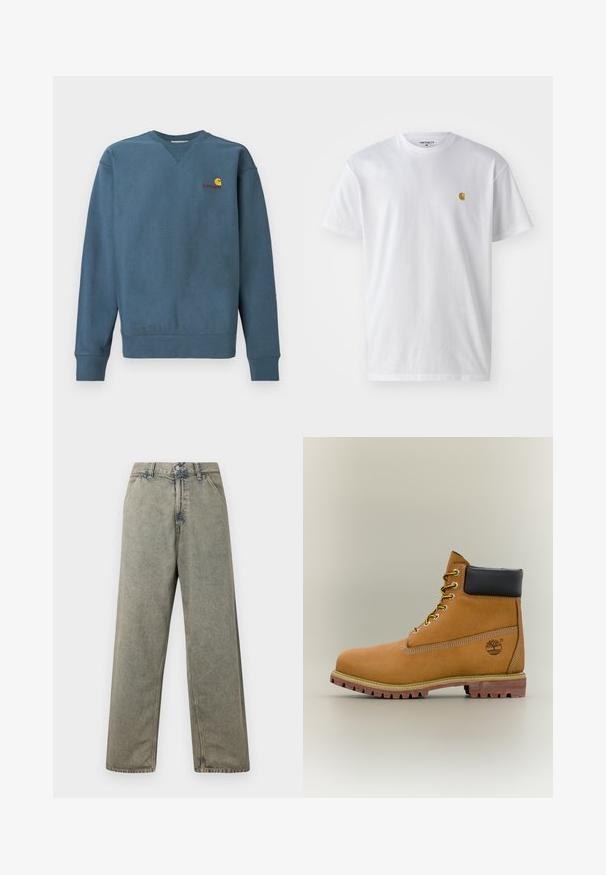 Sweatshirt en coton bleu avec poignets et ourlet côtelés, arborant un petit logo Carhartt orange brodé sur la poitrine. Design simple, col rond.; T-shirt en coton blanc à manches courtes, col rond, avec un petit logo doré sur la poitrine gauche. Texture douce et coupe régulière.; Jean en denim à jambes larges de couleur gris délavé, avec une fermeture à boutons et un design traditionnel à cinq poches avec des détails de couture visibles.; Bottine en cuir marron avec col noir, lacets jaunes et semelle beige. Présente un logo et des détails de couture blanche. Semelle extérieure à traction robuste.