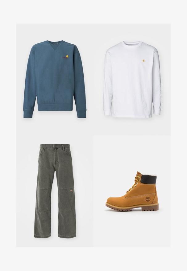 Blauwe katoenen trui met geribbelde manchetten en zoom, met een klein oranje Carhartt-logo geborduurd op de borst. Eenvoudig ontwerp, ronde hals.; Witte lange mouwen t-shirt van katoen. Voorzien van een klein gouden logo op de borst en een ronde hals. Eenvoudig ontwerp en standaard pasvorm.; Donkergrijze wijde broek van duurzaam materiaal, met kniestukken, een klassieke sluiting met knoop aan de voorkant en gestikte accenten.; Bruine leren enkellaars met metalen oogjes, witte faux bont voering, zwarte gewatteerde kraag, robuuste zool en een reliëflogo aan de zijkant.