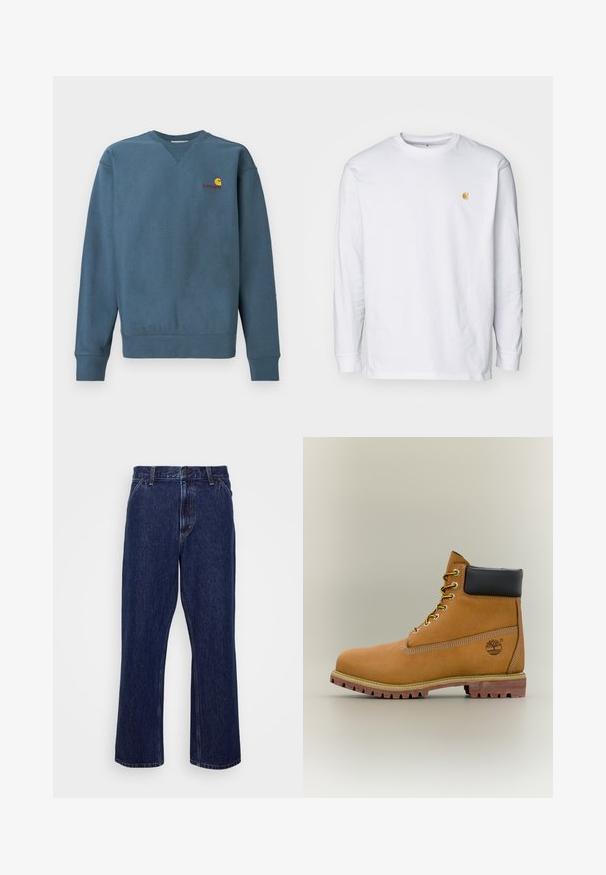 Blå bomuldssweatshirt med ribstrikkede manchetter og kant, med en lille orange Carhartt-logo broderet på brystet. Simpelt design, rund hals.; Hvid langærmet t-shirt lavet af bomuld. Har et lille gyldent logo på brystet og en rund halsudskæring. Enkel design og standard pasform.; Mørkeblå denim jeans med lige ben-design, der har knaplukning, fem lomme-stil og diskrete syninger.; Brun læderankelstøvle med sort krave, gule snørebånd og tanfarvet sål. Har logo og hvide syninger som detalje. Robust ydersål med greb.