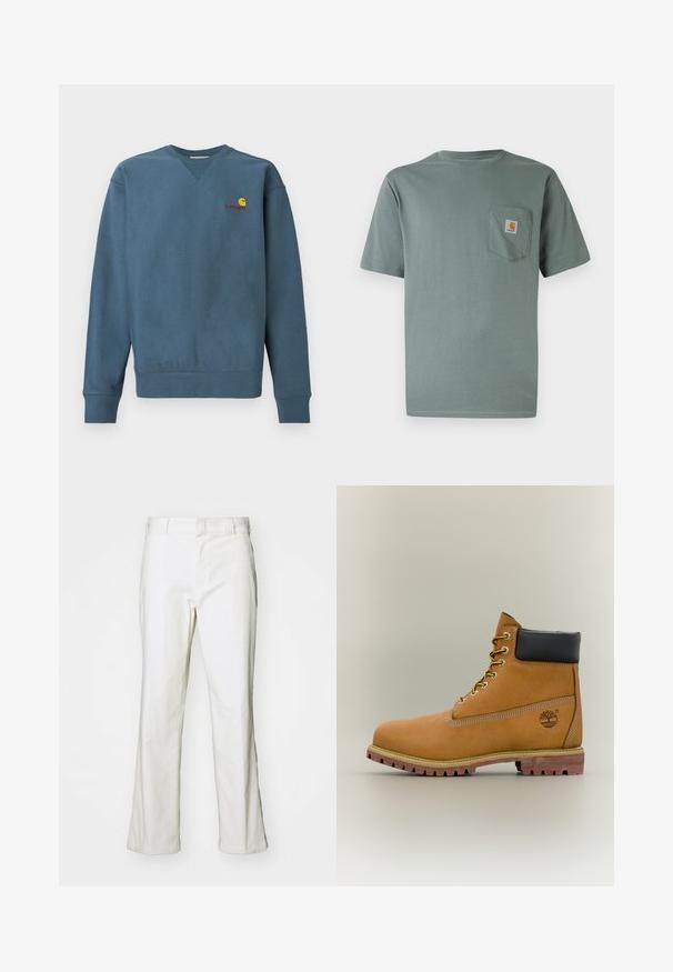 Blaues Sweatshirt aus Baumwolle mit gerippten Bündchen und Saum, mit einem kleinen orangefarbenen Carhartt-Logo auf der Brust bestickt. Einfaches Design, Rundhalsausschnitt.; Hellgrünes, kurzärmeliges T-Shirt aus Baumwolle mit einer Brusttasche, die einen Logo-Patch trägt. Weiche Textur und klassisches Rundhalsausschnitt-Design.; Weiße Baumwollhosen mit geradem Schnitt, ausgestattet mit einem Bund und normalen Taschen. Der Stoff wirkt glatt und leicht strukturiert.; Brauner Leder-Stiefelette mit schwarzem Kragen, gelben Schnürsenkeln und hellbrauner Sohle. Verfügt über ein Logo und weiße Ziernähe. Robuste Profilsohle.