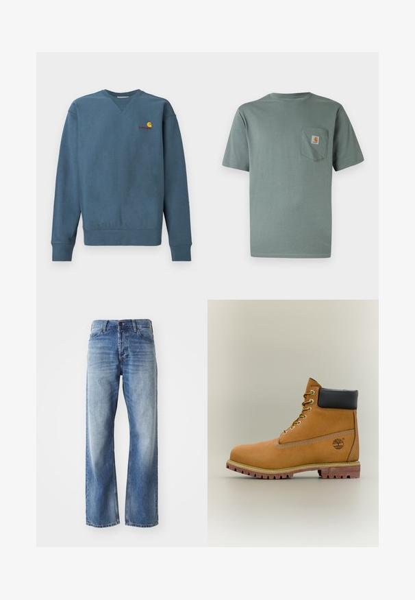 Blaues Sweatshirt aus Baumwolle mit gerippten Bündchen und Saum, mit einem kleinen orangefarbenen Carhartt-Logo auf der Brust bestickt. Einfaches Design, Rundhalsausschnitt.; Hellgrünes, kurzärmeliges T-Shirt aus Baumwolle mit einer Brusttasche, die einen Logo-Patch trägt. Weiche Textur und klassisches Rundhalsausschnitt-Design.; Blaue Jeans mit geradem Bein aus Denim, mit leichtem Verblassen an den Oberschenkeln und Knien, ausgestattet mit fünf Taschen und einem Knopfverschluss.; Brauner Leder-Stiefelette mit schwarzem Kragen, gelben Schnürsenkeln und hellbrauner Sohle. Verfügt über ein Logo und weiße Ziernähe. Robuste Profilsohle.