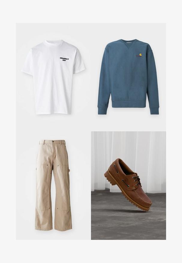 Sweatshirt en coton bleu avec poignets et ourlet côtelés, arborant un petit logo Carhartt orange brodé sur la poitrine. Design simple, col rond.; T-shirt en coton blanc avec un col rond. Logo en texte noir sur la partie gauche de la poitrine. Manches courtes, coupe décontractée et texture douce.; Pantalons larges beige en coton robuste. Comprend des poches avant et latérales, des coutures visibles et des accents en métal sur les poches.; Chaussure de bateau en cuir marron avec des lacets noirs, des coutures beiges et une semelle robuste, suspendue au-dessus d'un sol en béton gris.