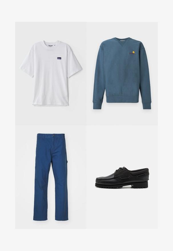 Sininen puuvillainen collegepaita, jossa on resorit hihansuissa ja helmassa, ja pieni oranssi Carhartt-logo rinnan kohdalla. Yksinkertainen muotoilu, pyöreä pääntie.; Valkoinen puuvillainen t-paita, jossa on pyöreä pääntie, lyhyet hihat ja tummansinisellä suorakulmaisella logopatchilla vasemmassa rinnassa.; Siniset puuvillatilkkuhousut suoranlahkeisella muotoilulla, jossa on nappisulku ja sivutasku. Sileä rakenne, ei näkyviä kuvioita tai yksityiskohtia.; Musta kenkä, jossa on nahkainen päällinen, tekstiilikoristeet, pyöreät nauhat ja teksturoitu kumipohja. Sisältää mokkasiiniompeleen ja bränditunnuksen.