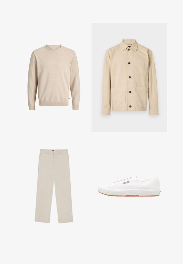 Suéter beige de punto con cuello redondo, mangas largas, puños y dobladillo acanalados, con una textura sutil y una etiqueta con el logo en un lado.; Chaqueta de trabajo color beige claro, tela de algodón, cierre frontal con botones, cuello puntiagudo, dos bolsillos en el pecho, dos bolsillos inferiores, botones marrones, detalles cosidos.; Pantalones de pierna ancha color beige con una textura suave, que cuentan con pasadores para cinturón, dos bolsillos frontales y cierre con cremallera. Diseño minimalista.; Zapatillas de lona blancas con suela de goma, diseño de cordones y una pequeña etiqueta con el logo en el lateral. Parte superior texturizada blanca y suela marrón.