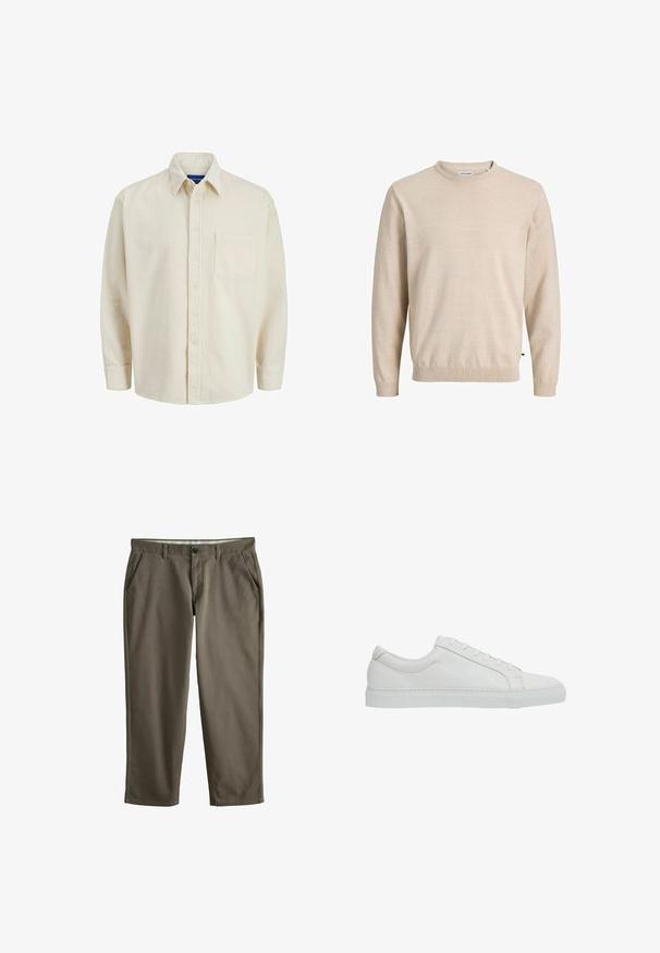 Beige strikket sweater med rund halsudskæring, lange ærmer, ribstrikkede manchetter og kant, med en diskret tekstur og et logo-mærke i siden.; Beige corduroy skjorte med knaplukning foran, krave, lange ærmer og en enkelt brystlomme. Har smalle lodrette striber.; Brune bomulds chinos med lige ben design, der har bæltestropper, for- og baglommer og en knaplukning. Glat tekstur og klassisk snit.; Reiss REGULAR FIT - LUCA TUMBLED - Sneakers - white