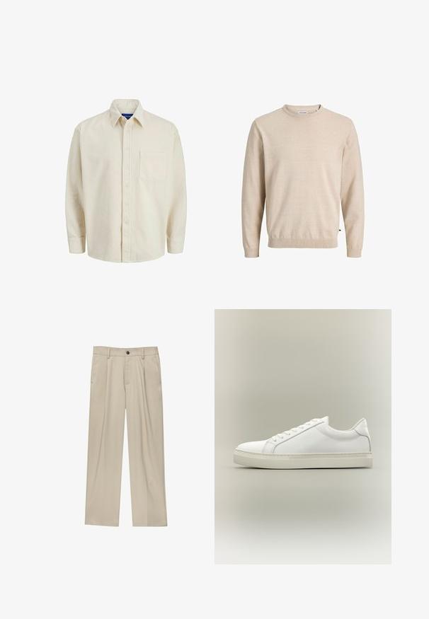 Beige strikket sweater med rund halsudskæring, lange ærmer, ribstrikkede manchetter og kant, med en diskret tekstur og et logo-mærke i siden.; Beige corduroy skjorte med knaplukning foran, krave, lange ærmer og en enkelt brystlomme. Har smalle lodrette striber.; Beige bukser med lige snit, der har en enkelt sort knap, bæltestropper og sidelommer. Glat stoftekstur og minimalistisk design.; Hvid lavtop sneaker med snørebånd foran og tyk sål, vist fra siden mod en neutral baggrund.