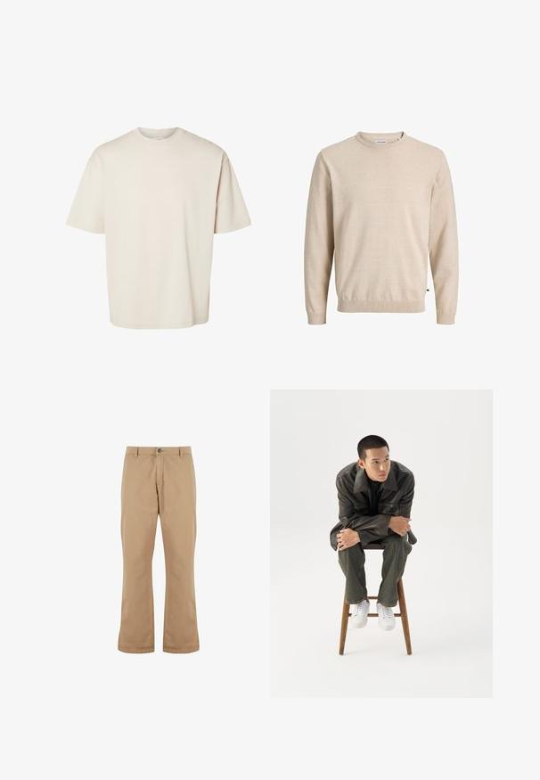 Beige strikket sweater med rund halsudskæring, lange ærmer, ribstrikkede manchetter og kant, med en diskret tekstur og et logo-mærke i siden.; Simpel beige kortærmet oversize bomuld t-shirt med rund halsudskæring, vist fladt på hvid baggrund.; Beige bomuldsbukser med lige pasform, der har knaplukning, forlommer og en glat tekstur.; Ung mand i mørk læderjakke og jeans sidder på en træskammel, læner sig fremad med armene krydset og kigger til siden mod hvid baggrund.