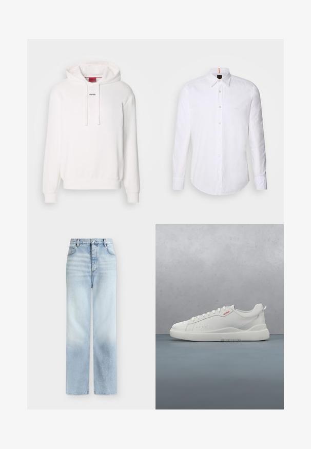 Haut à capuche blanc avec manches longues, capuche avec cordon, poche kangourou à l'avant, et un subtil logo "HUGO" sur la poitrine. Texture de tissu douce.; Chemise blanche à manches longues et à boutons en coton, avec un col classique, un logo discret près de la poitrine et des boutons blancs.; Jeans bleu clair taille haute à jambes droites, avec poches avant, passants de ceinture et fermeture par bouton.; Sneaker blanche avec une finition en cuir lisse, bout rond, quatre œillets, perforations subtiles et un détail de logo rouge sur le côté.