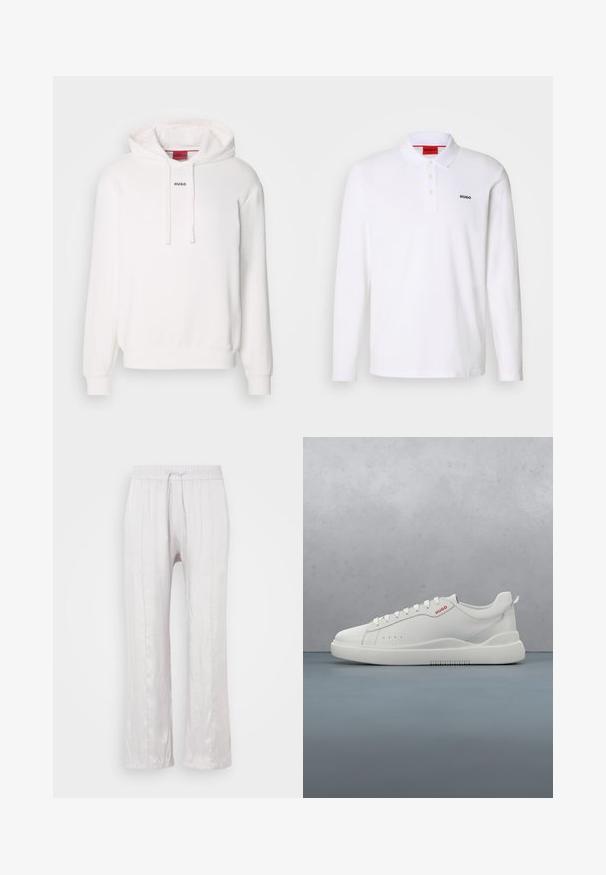 Haut à capuche blanc avec manches longues, capuche avec cordon, poche kangourou à l'avant, et un subtil logo "HUGO" sur la poitrine. Texture de tissu douce.; Polo-shirt blanc à manches longues en coton avec un col, une patte de boutonnage à trois boutons et un logo noir "HUGO" sur la poitrine gauche.; Pantalons gris clair, coupe ample, en tissu lisse avec une taille élastique et un cordon de serrage. Jambes droites avec des plis subtils, sans motifs visibles.; Sneaker blanche avec une finition en cuir lisse, bout rond, quatre œillets, perforations subtiles et un détail de logo rouge sur le côté.